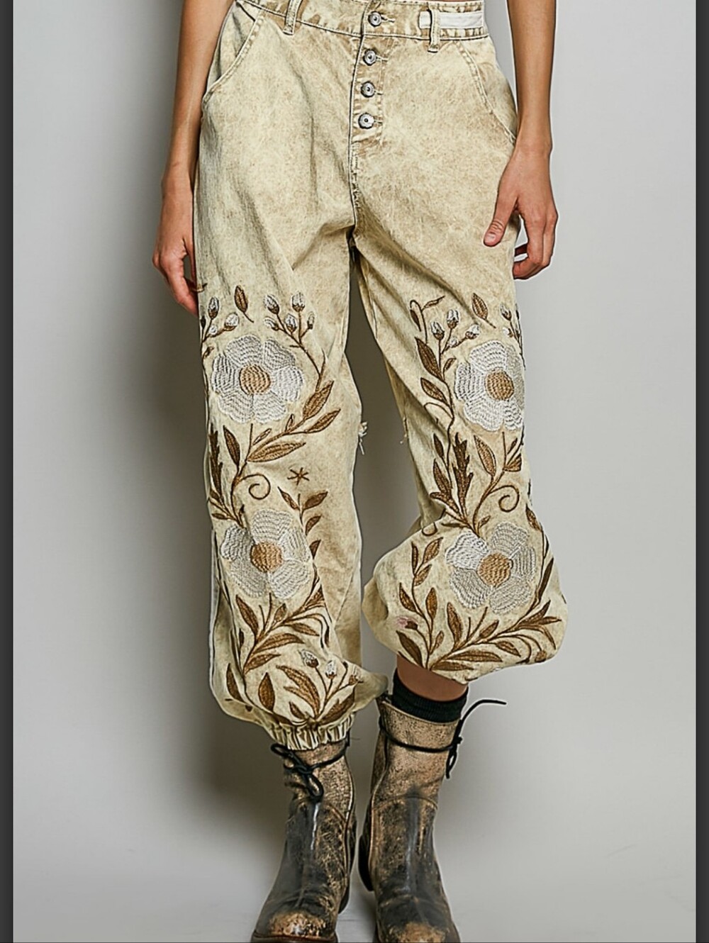 #1814 POL Cream Meadow Embroidered Denim Joggers